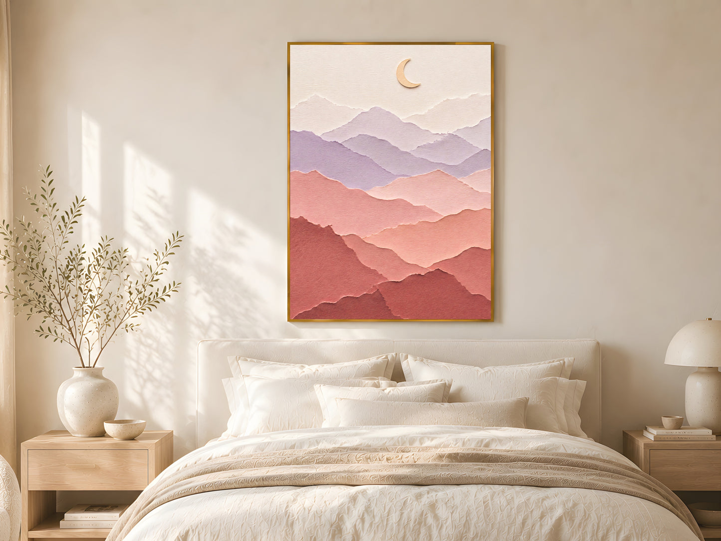 Pastel layered paper art mountain print with gold crescent moon in a gold frame above a linen bed in a warm minimal bedroom with dried botanicals

