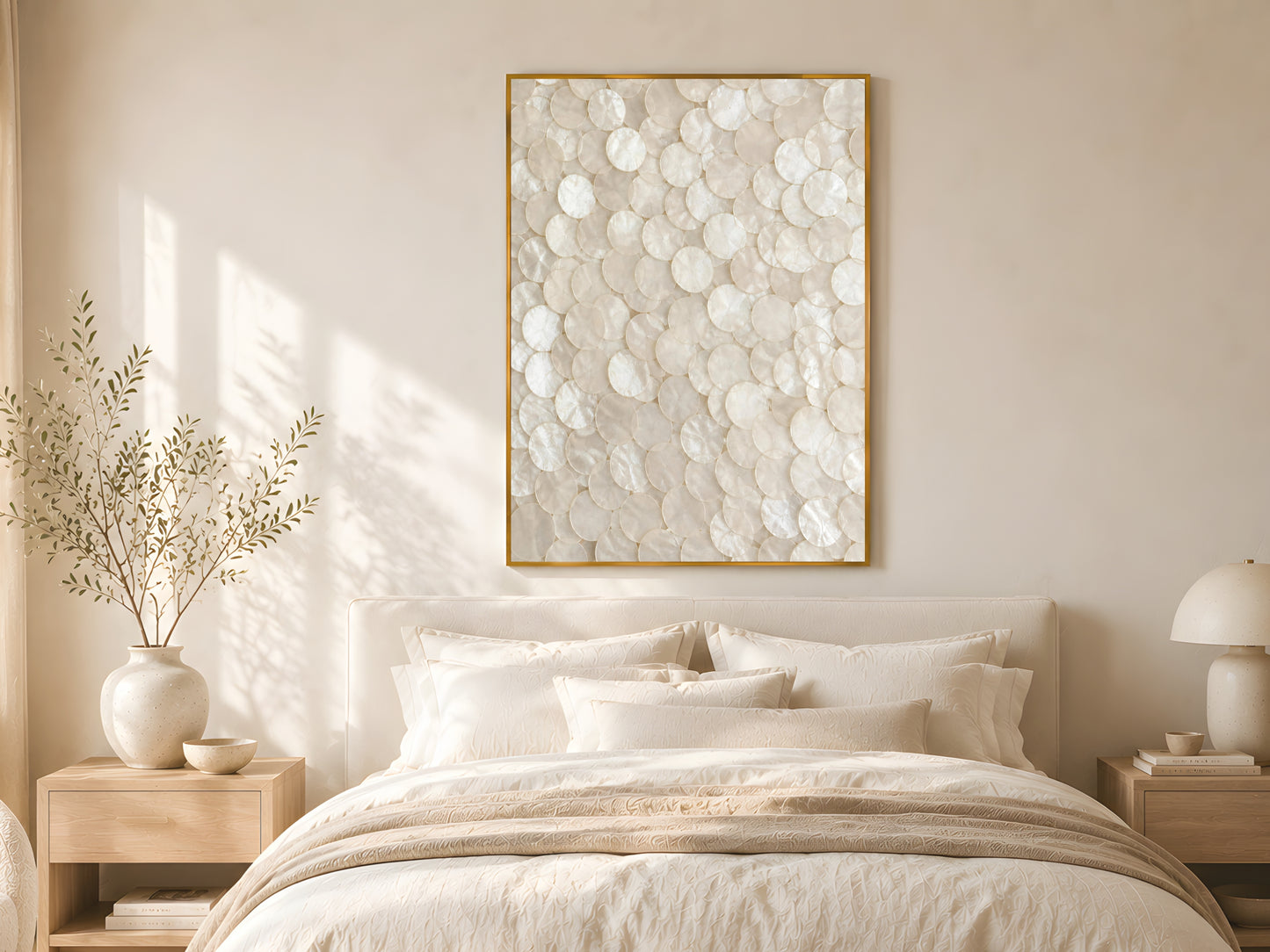 Capiz shell pearlescent print in gold frame above linen bed with cream bedding in warm minimalist coastal bedroom with natural wood furniture
