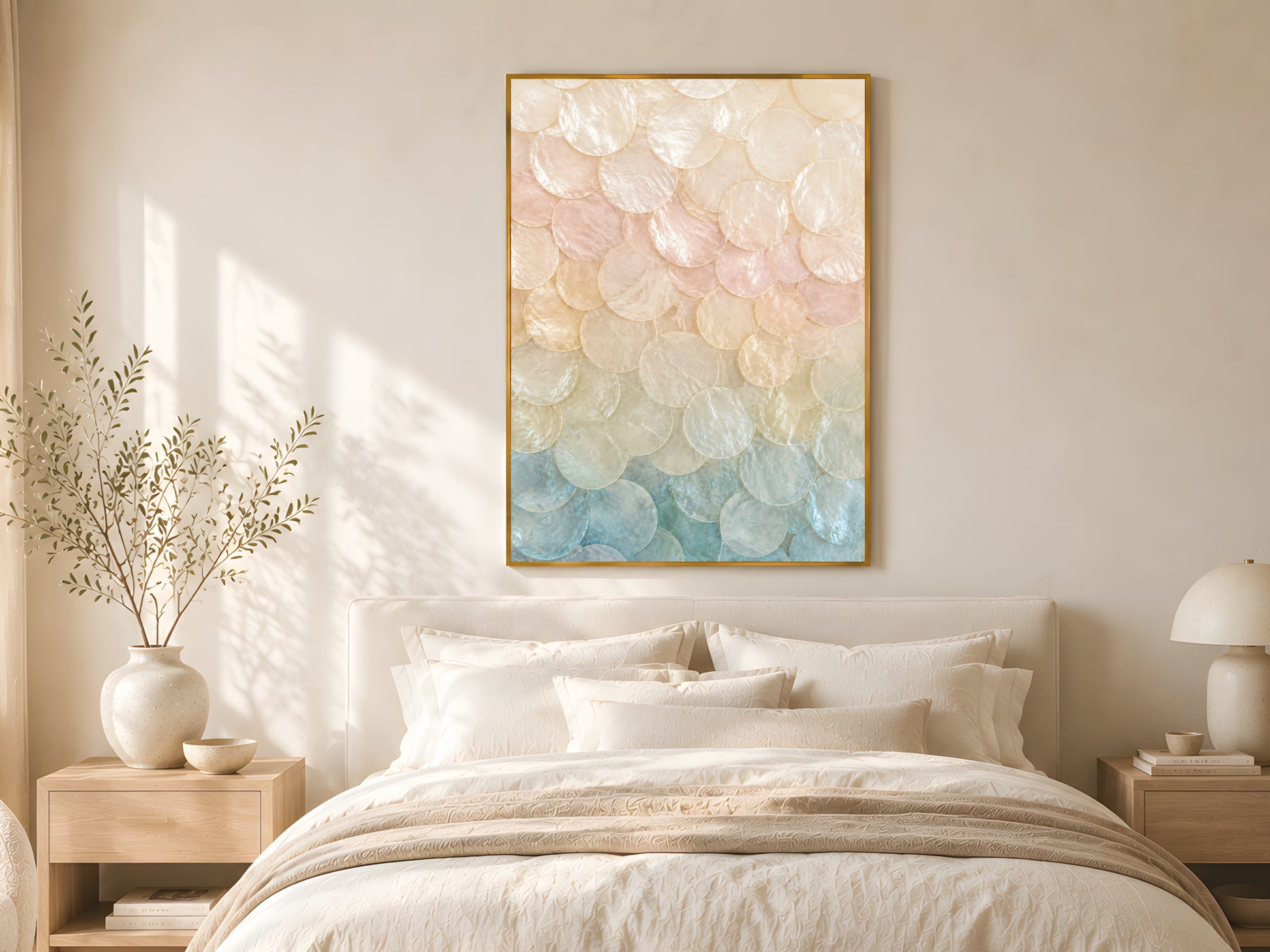 Pastel ombré capiz shell print in gold frame above linen bed with cream bedding in warm minimalist coquette bedroom with natural wood furniture
