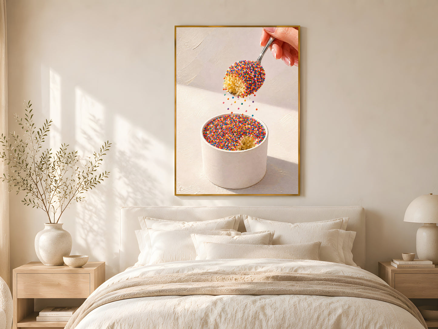 Viral dot cake close-up wall art print in a gold frame above a linen bed in a warm minimal bedroom with dried botanicals and soft morning light
