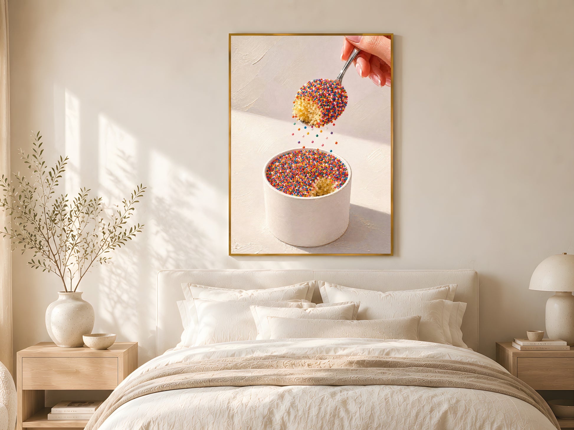 Viral dot cake close-up wall art print in a gold frame above a linen bed in a warm minimal bedroom with dried botanicals and soft morning light
