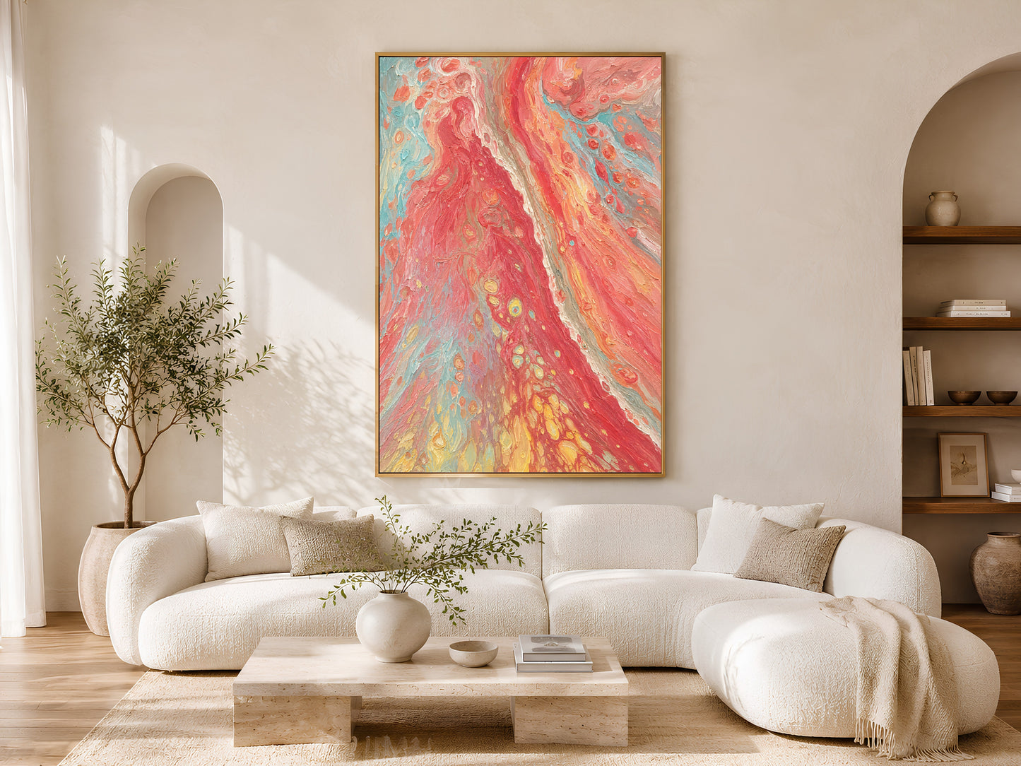 Coral red abstract swirl print in gold frame above cream curved sofa in bright minimalist living room with olive tree

