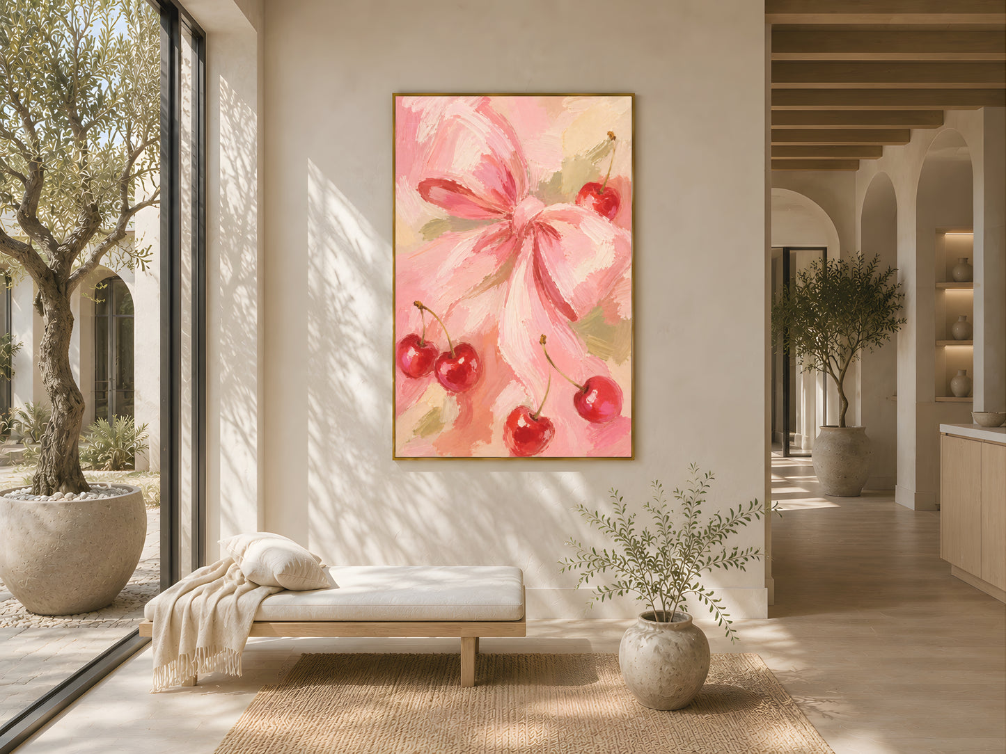Cherry bow pink art print in gold frame hung in a bright Mediterranean-style living room with arched doorway
