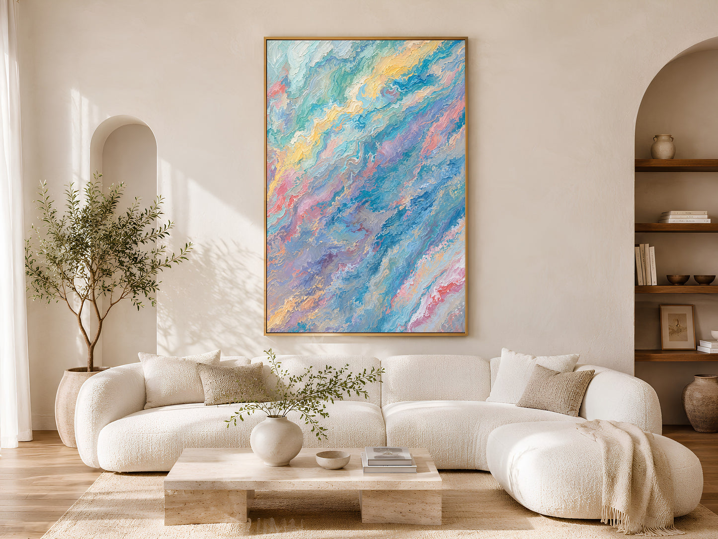 Pastel teal pink abstract swirl wall art in gold frame above cream curved sofa in bright minimalist living room

