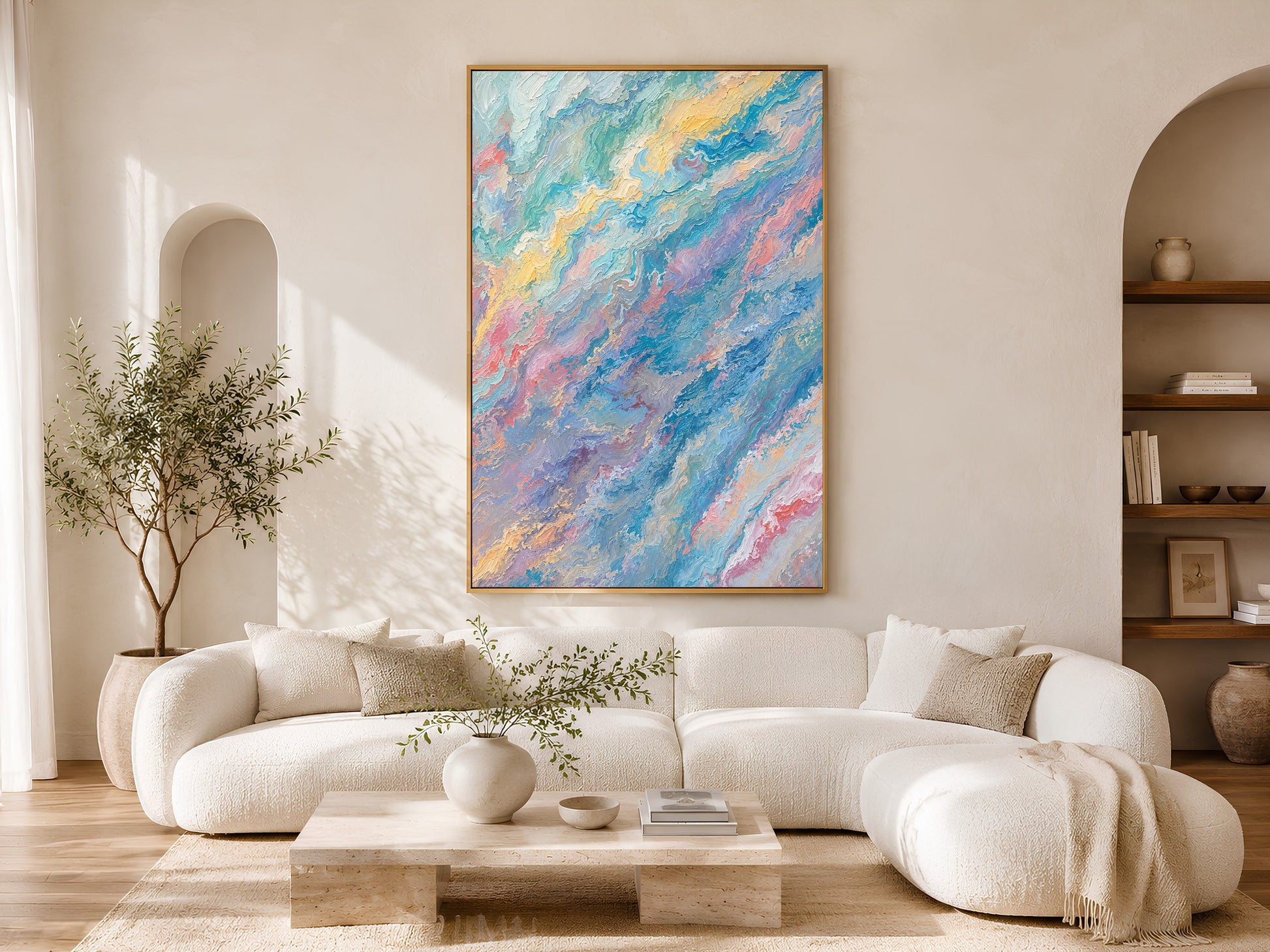Pastel teal pink abstract swirl wall art in gold frame above cream curved sofa in bright minimalist living room
