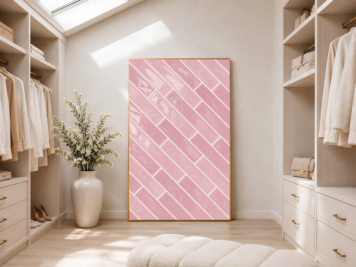 Pink herringbone tile wall art print in a gold frame inside a bright walk-in wardrobe with white shelving, a skylight, and a potted plant
