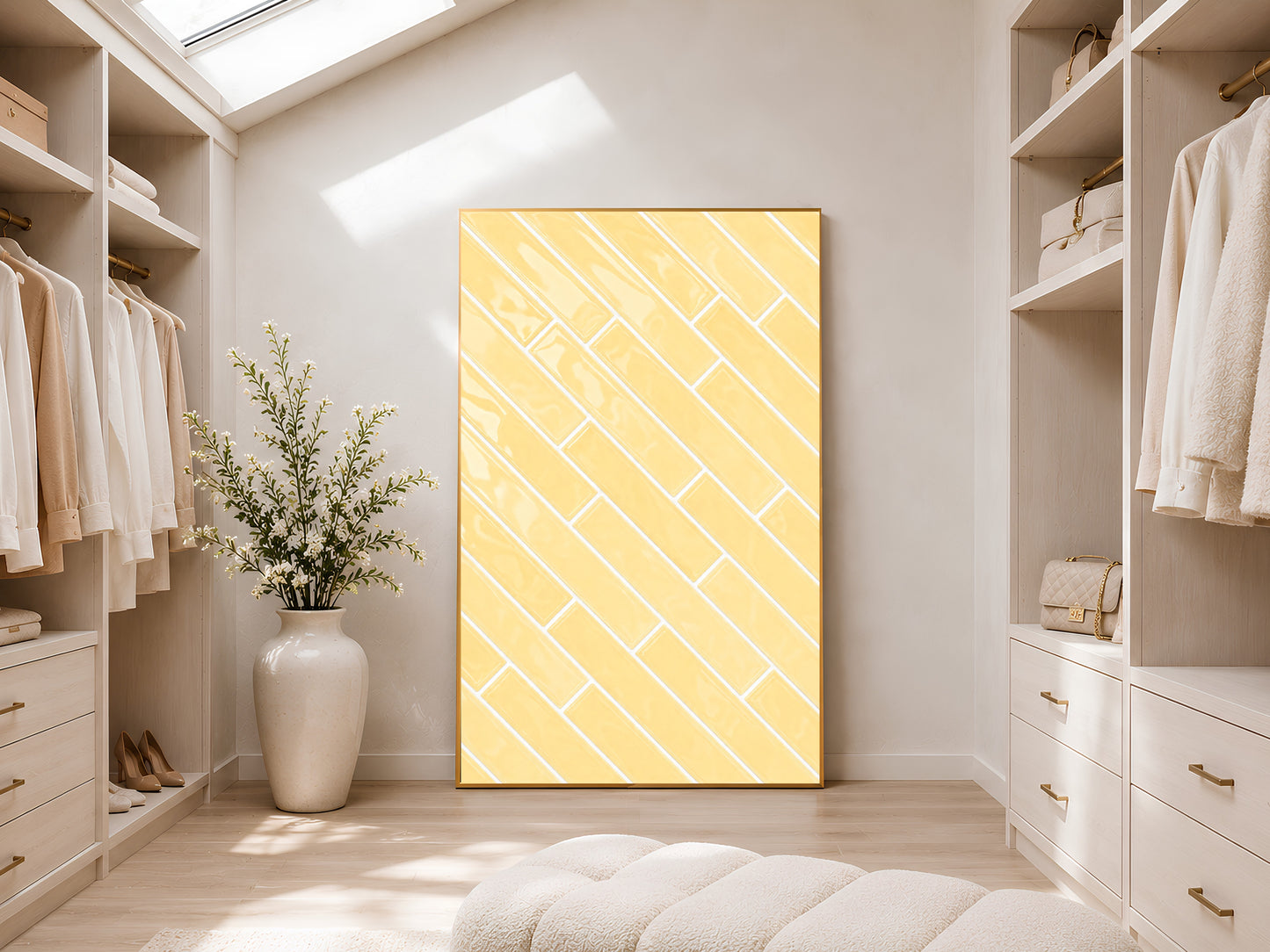Framed butter yellow tile wall art displayed in a bright white walk-in closet with open shelving, tall dried stem vase, and soft natural light