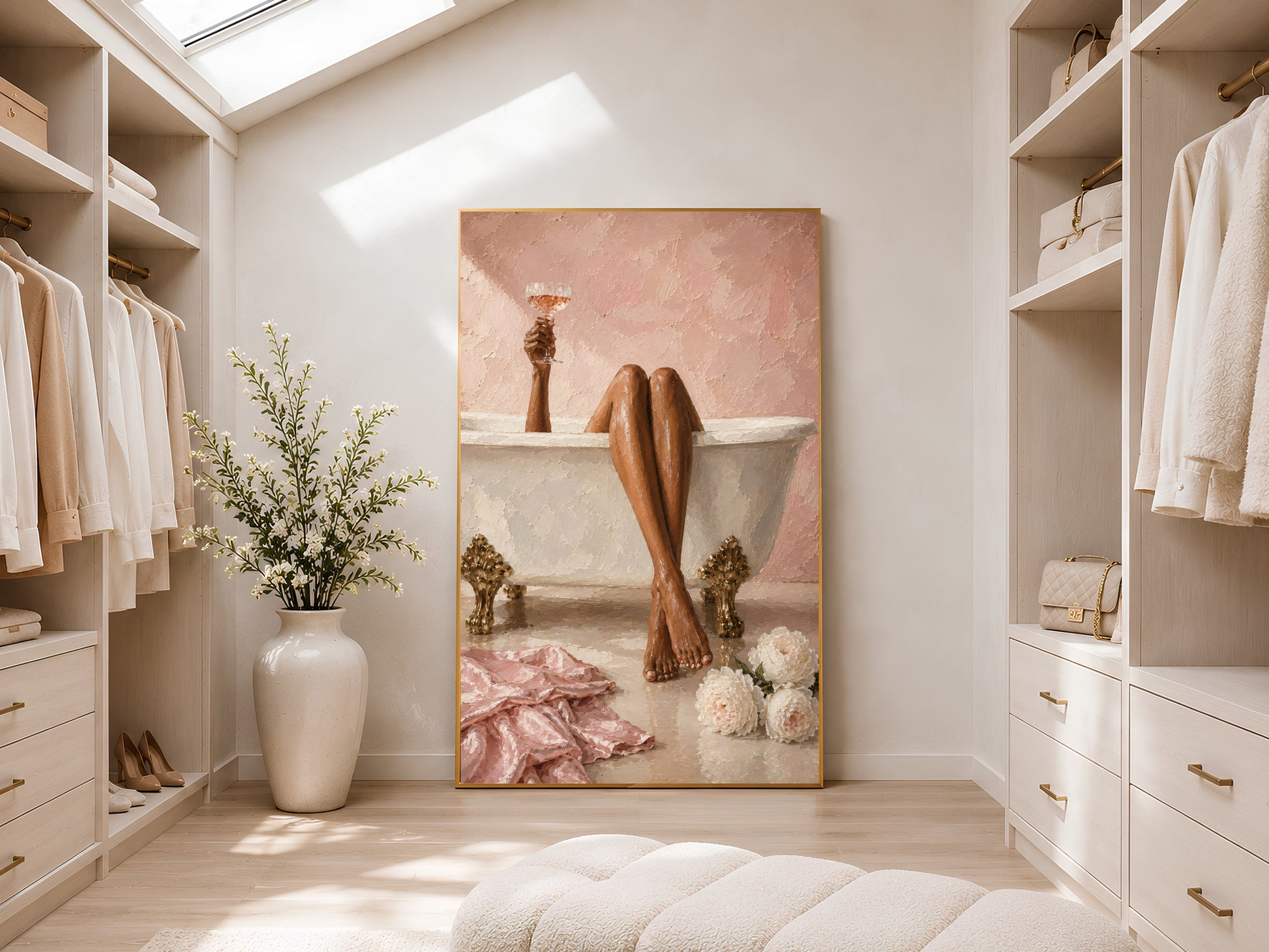 Coquette bath wall art in a gold frame displayed in a bright white walk-in closet with open shelving, hanging garments, trailing plant, and soft daylight