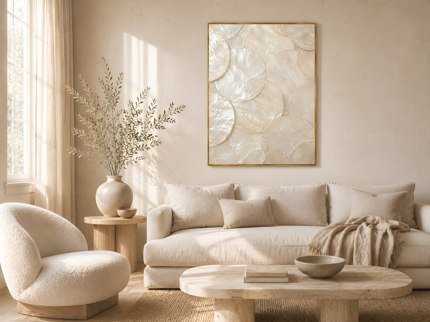 Large capiz shell abstract print in gold frame above cream sofa in warm minimalist Japandi living room with natural wood coffee table and soft natural light
