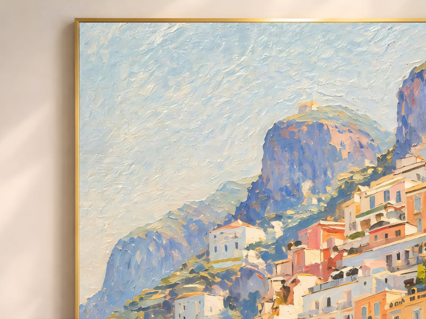 Close-up of Positano Amalfi Coast impasto oil painting print showing thick palette knife brushstrokes in soft blue, terracotta and white tones