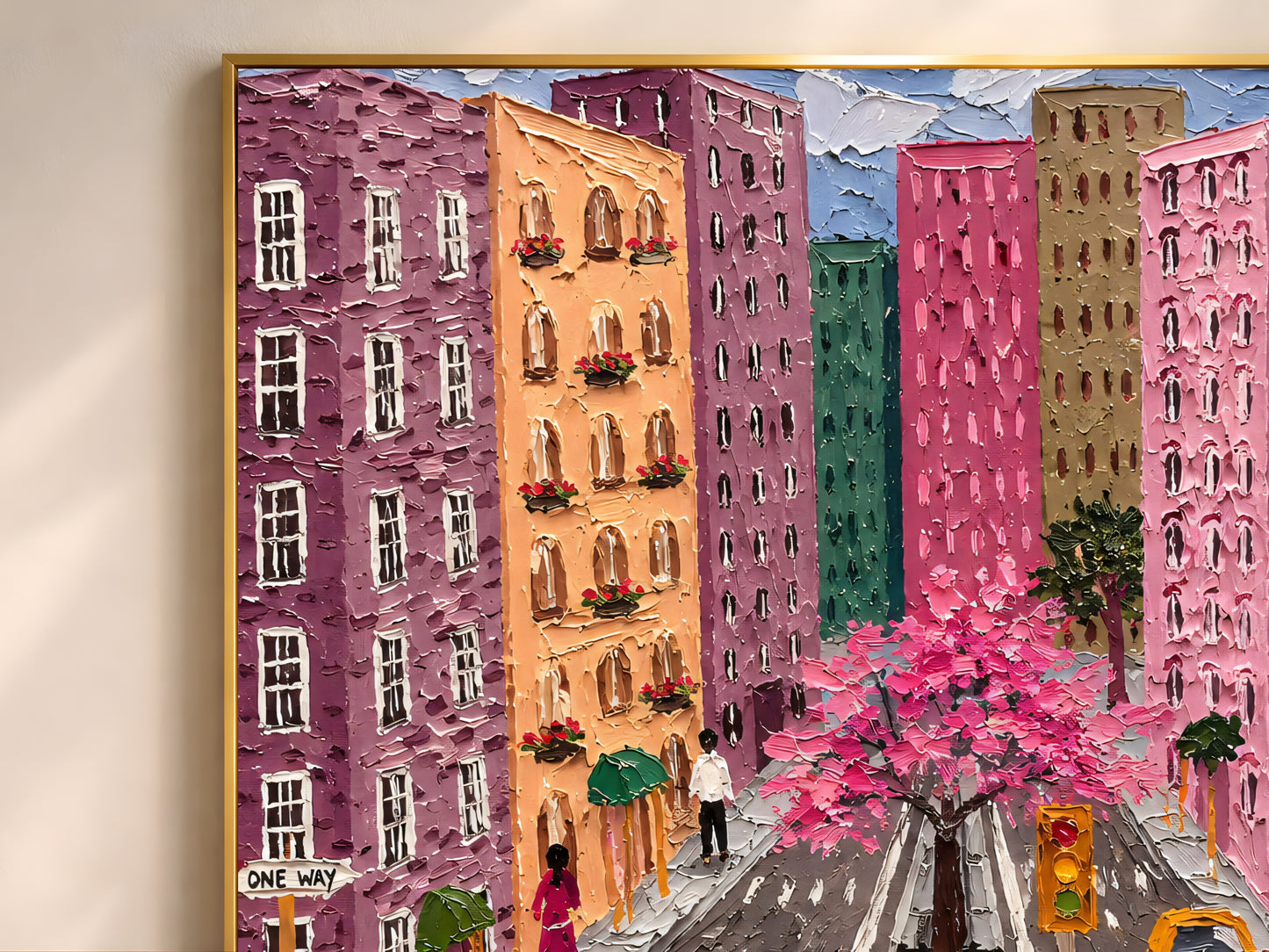 Close-up detail of impasto texture showing purple pink orange Manhattan buildings yellow taxis and cherry blossom tree

