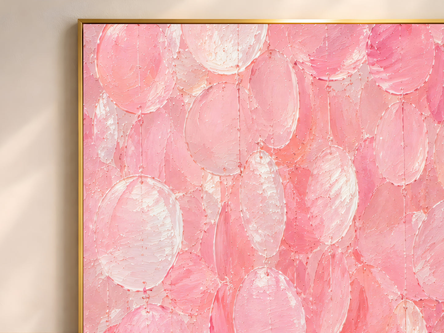 Close-up detail of the pink capiz shell oil painting showing thick impasto texture in hot pink, bubblegum rose, and pearl white tones
