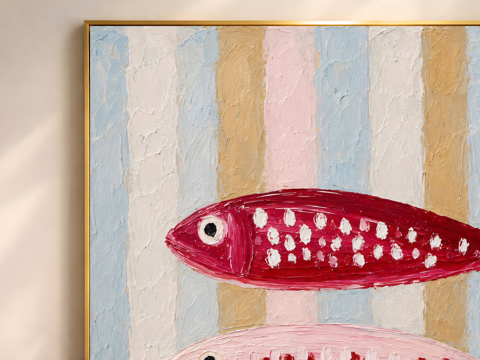 Close-up detail of the impasto sardine art showing the bold crimson top fish with white dot spots against the chalk-striped background in blue, cream, and gold

