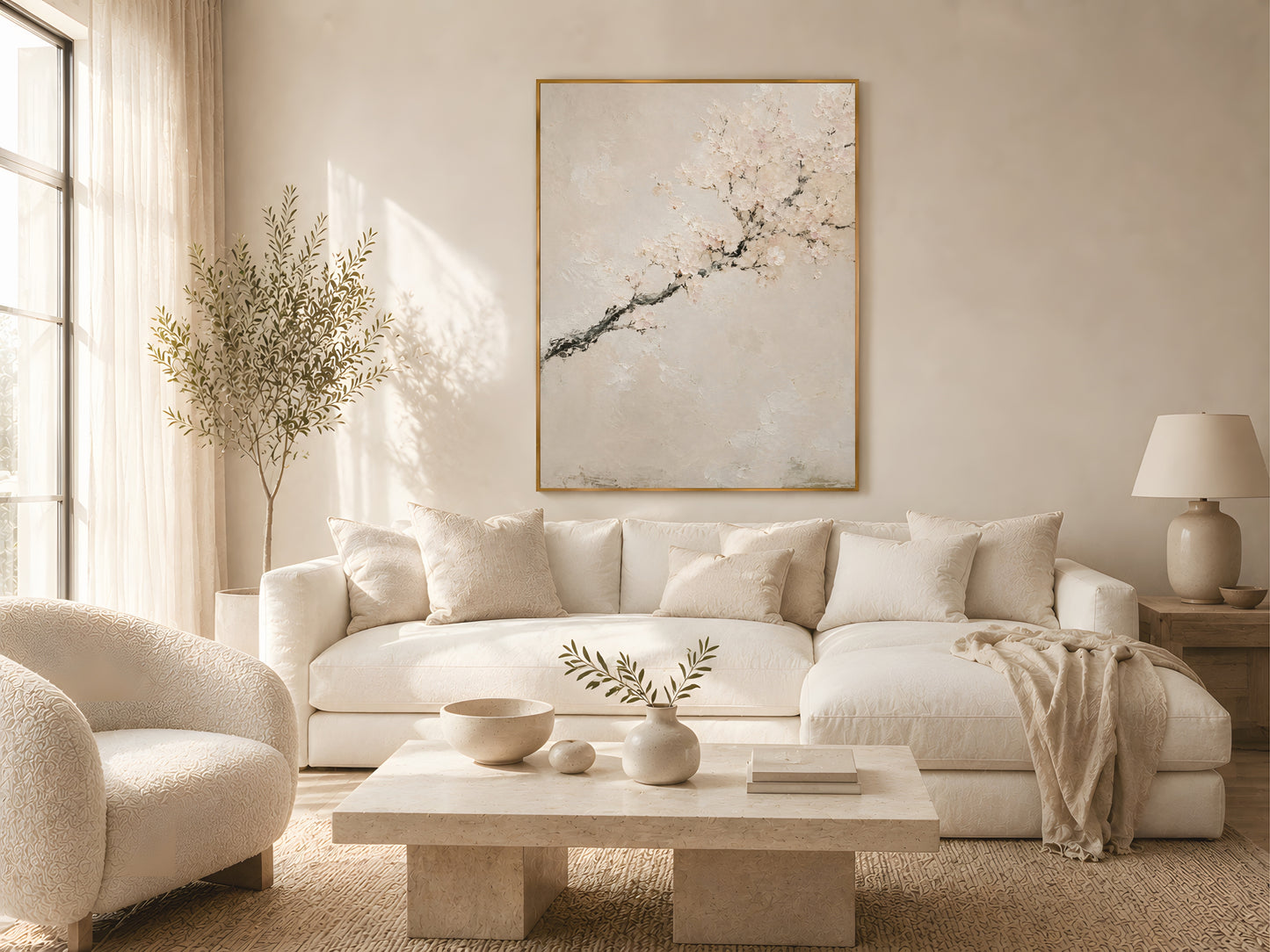 Japandi cherry blossom wall art print in a gold frame above a cream sofa in a warm minimal Scandinavian living room with soft afternoon light
