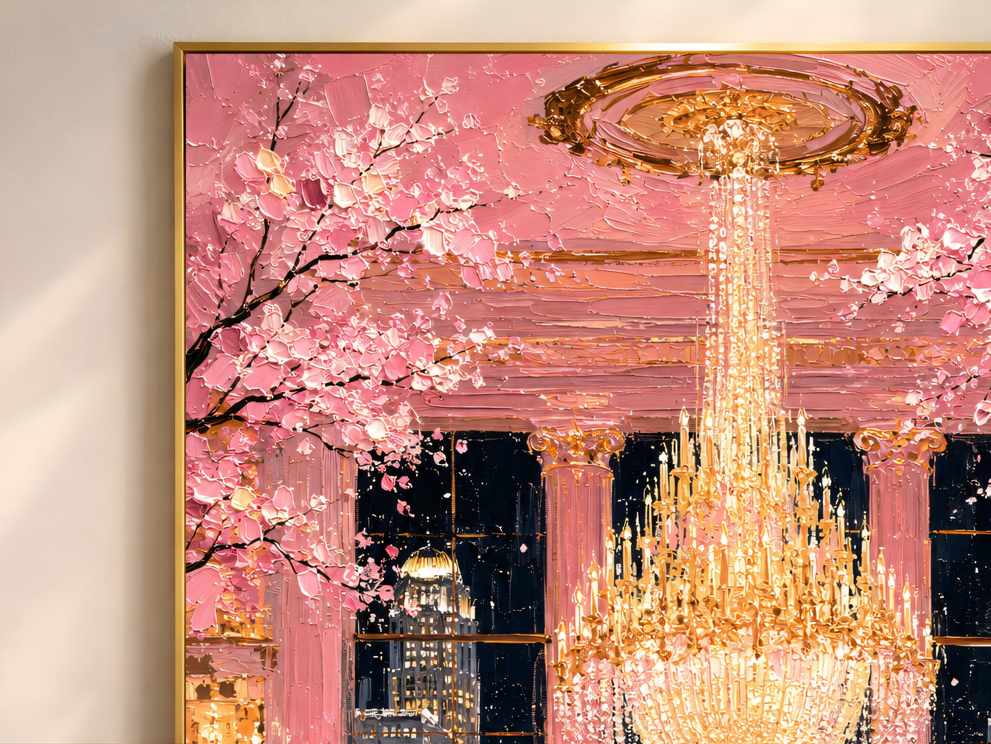 Close-up detail of impasto texture showing gold crystal chandelier pink cherry blossom ceiling and city skyline at night
