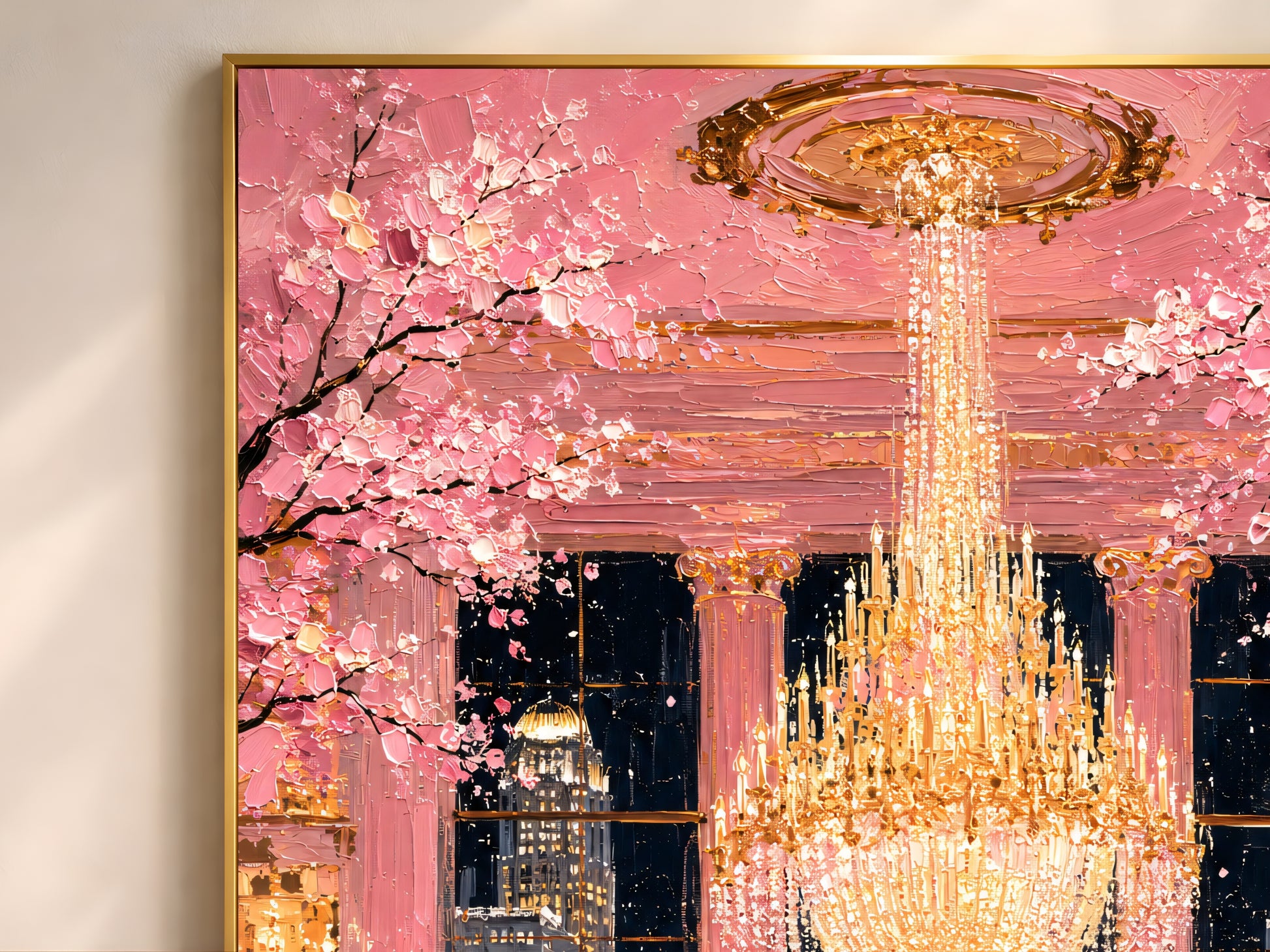 Close-up detail of impasto texture showing gold crystal chandelier pink cherry blossom ceiling and city skyline at night
