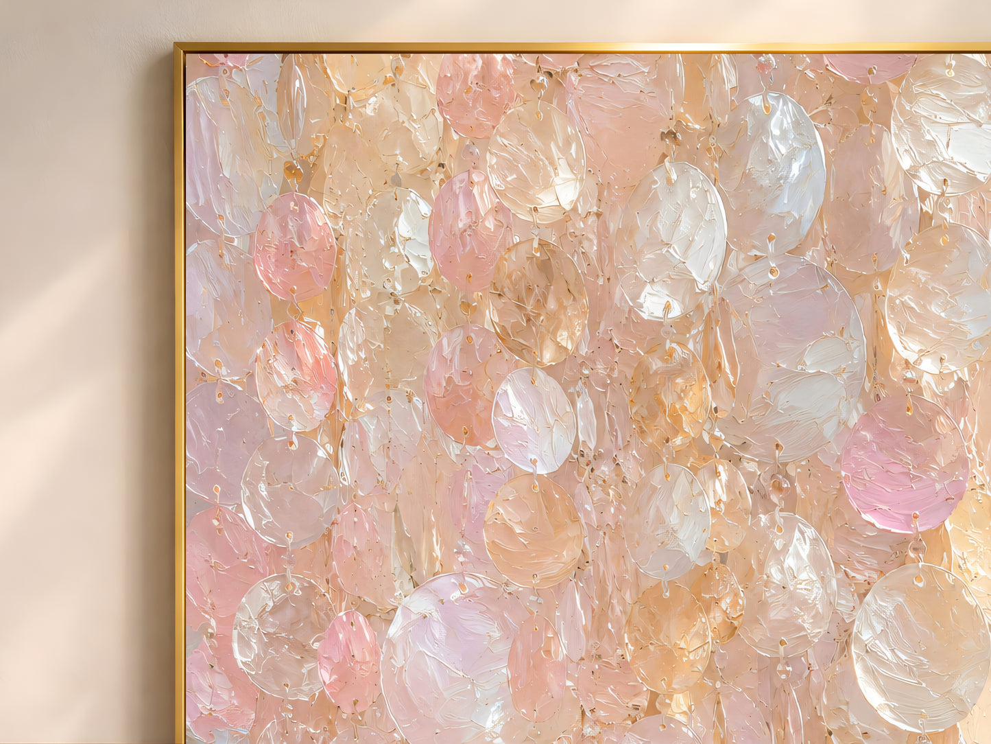 Close-up of the capiz shell oil painting in a gold frame showing thick impasto texture in blush pink, champagne, and pearl white tones
