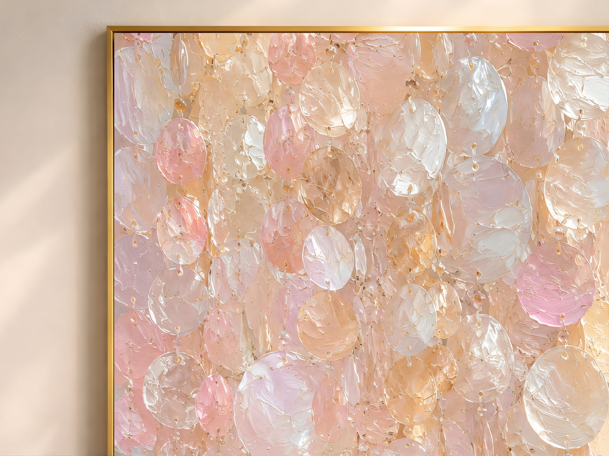 Close-up of the capiz shell oil painting in a gold frame showing thick impasto texture in blush pink, champagne, and pearl white tones
