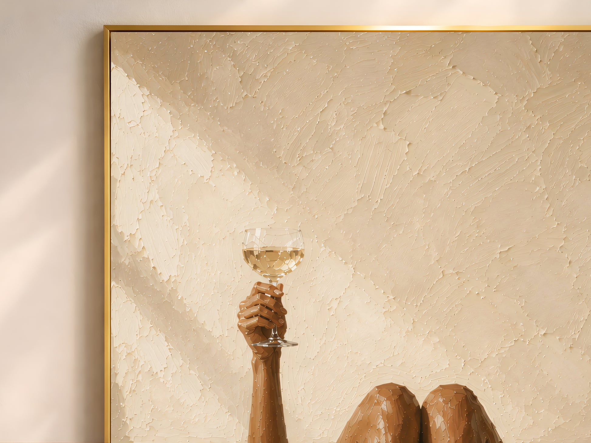 Close-up of the woman bathtub art print in a gold frame against a warm textured cream wall showing bronzed legs and a raised champagne glass