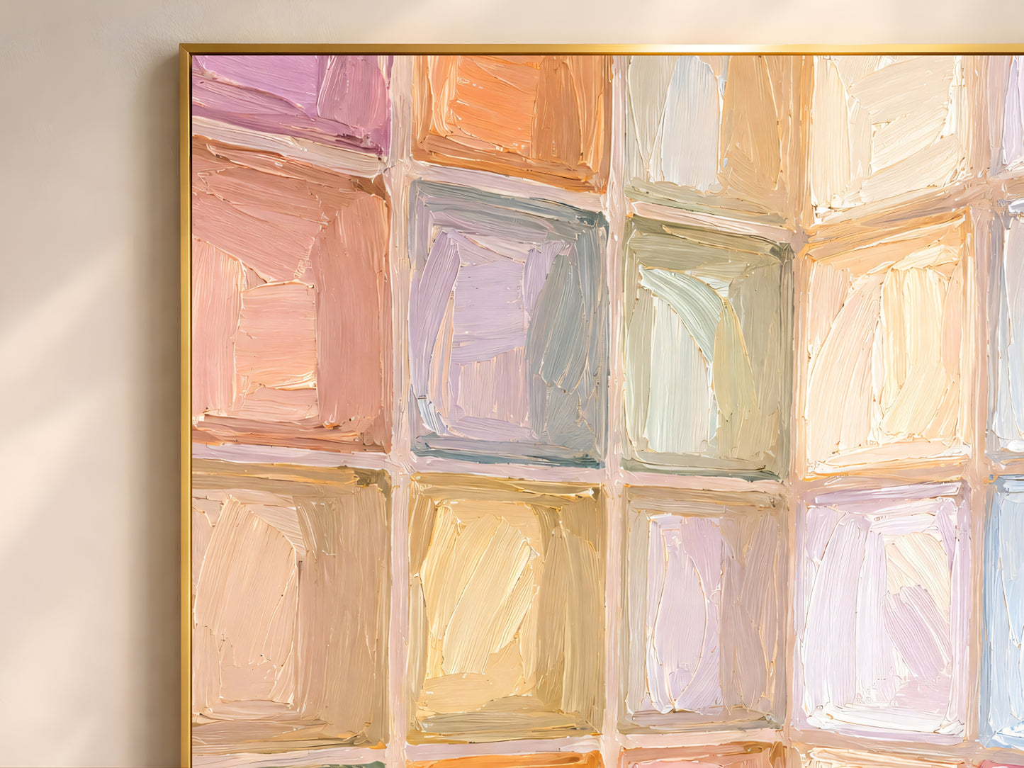 Close-up detail of impasto texture showing individual pastel mosaic tiles in peach lavender sage yellow and blue

