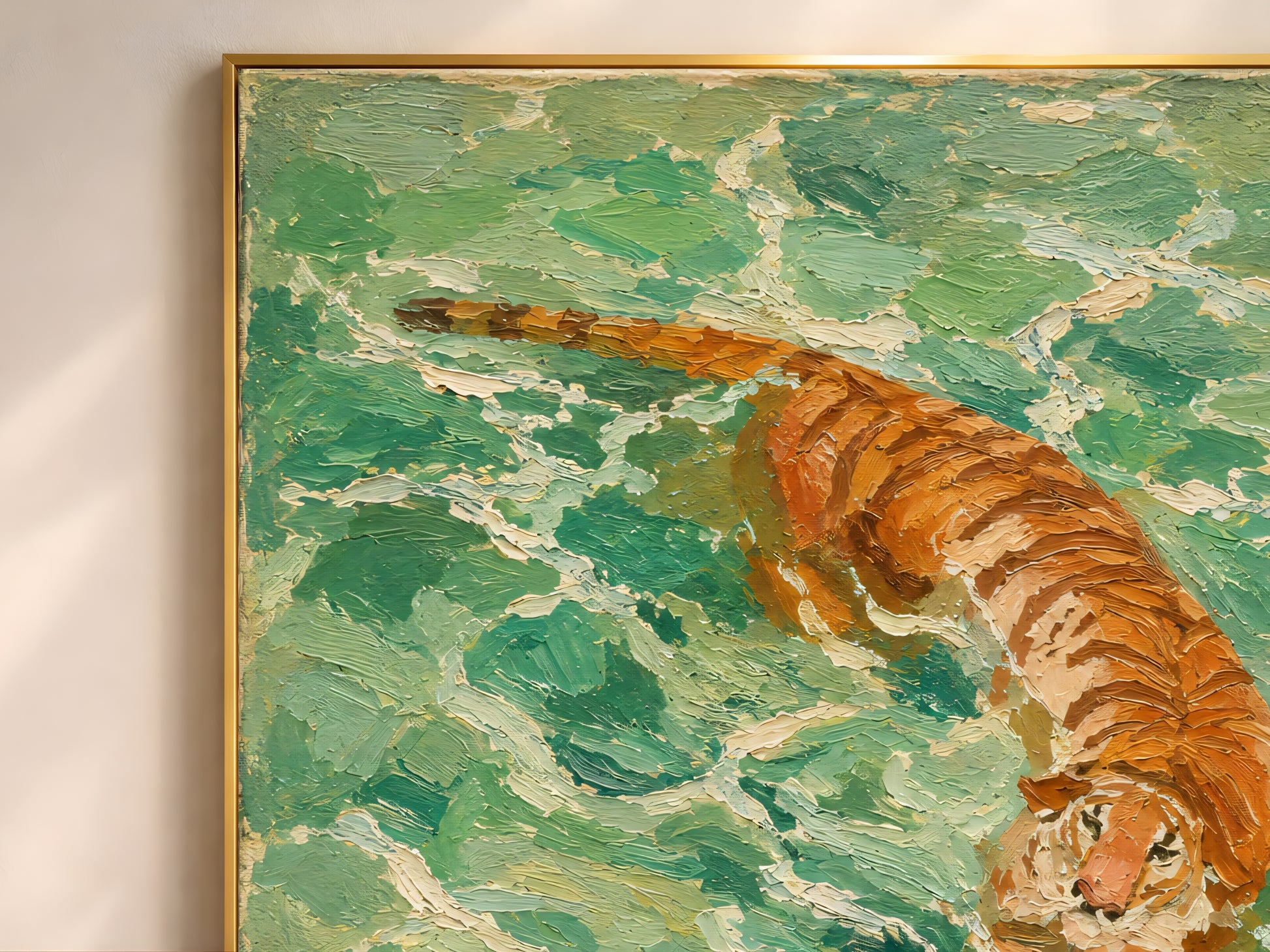 Close-up detail of the impasto swimming tiger art showing the lower tiger's full amber and dark-striped body stretching diagonally across swirling teal and cream water

