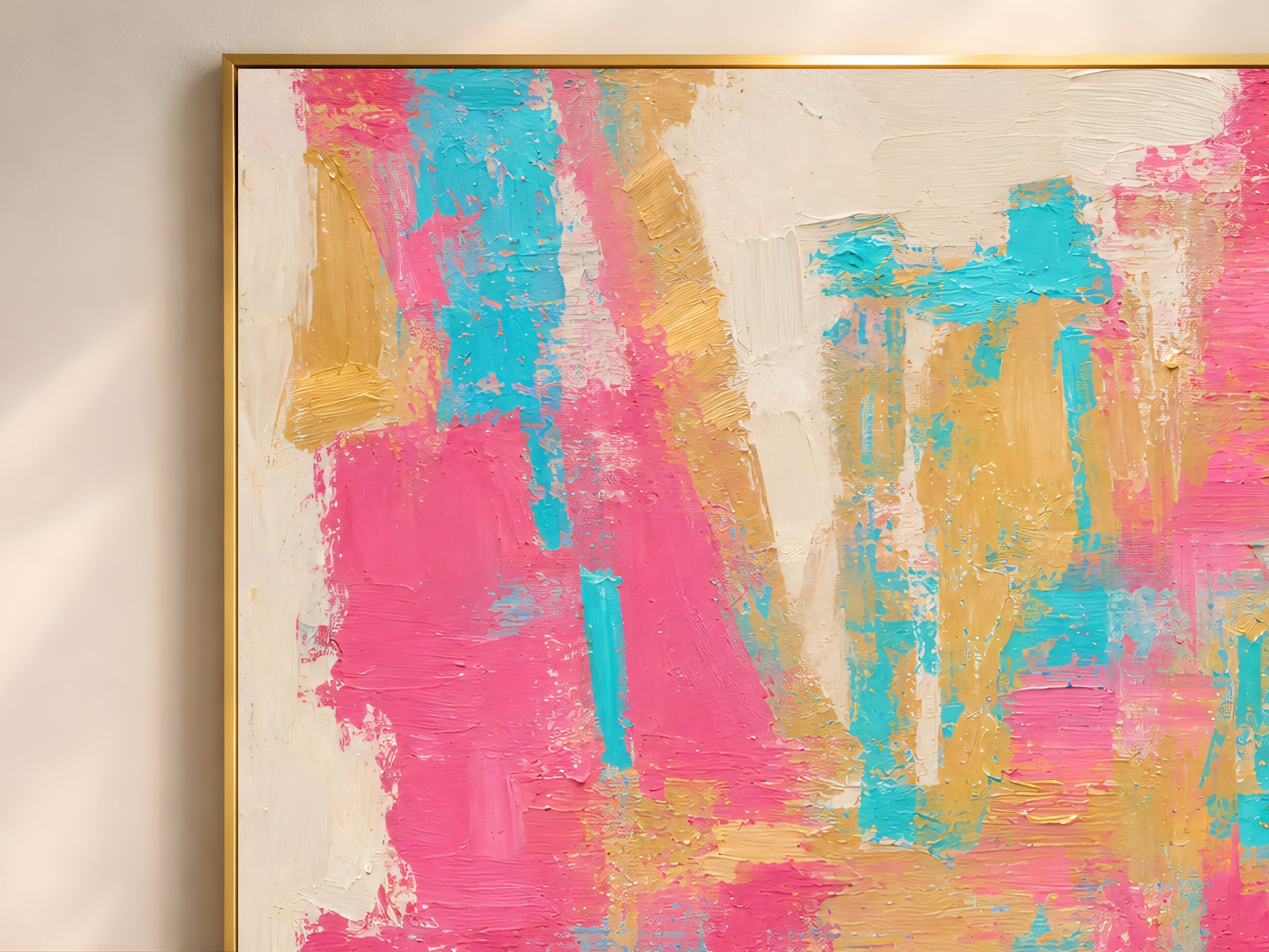 Close-up of bold abstract impasto print with vivid fuchsia pink, electric teal, warm honey gold, and cream brushstrokes
