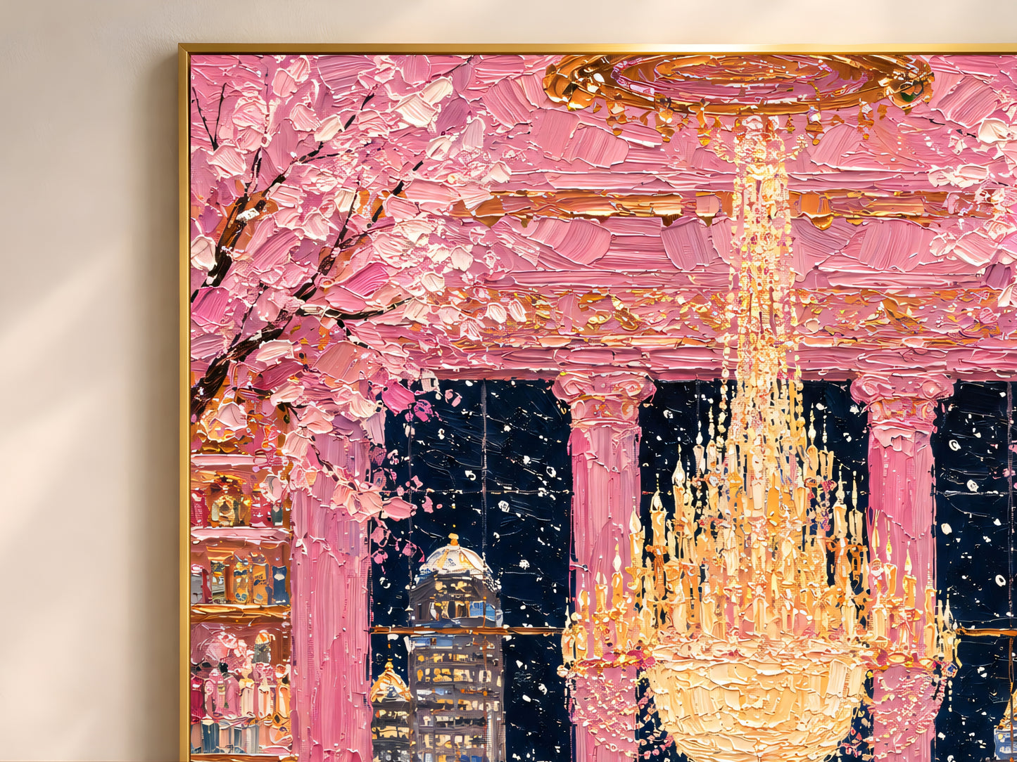 Close-up detail of impasto texture showing gold chandelier pink cherry blossom branches dancing couples and city skyline
