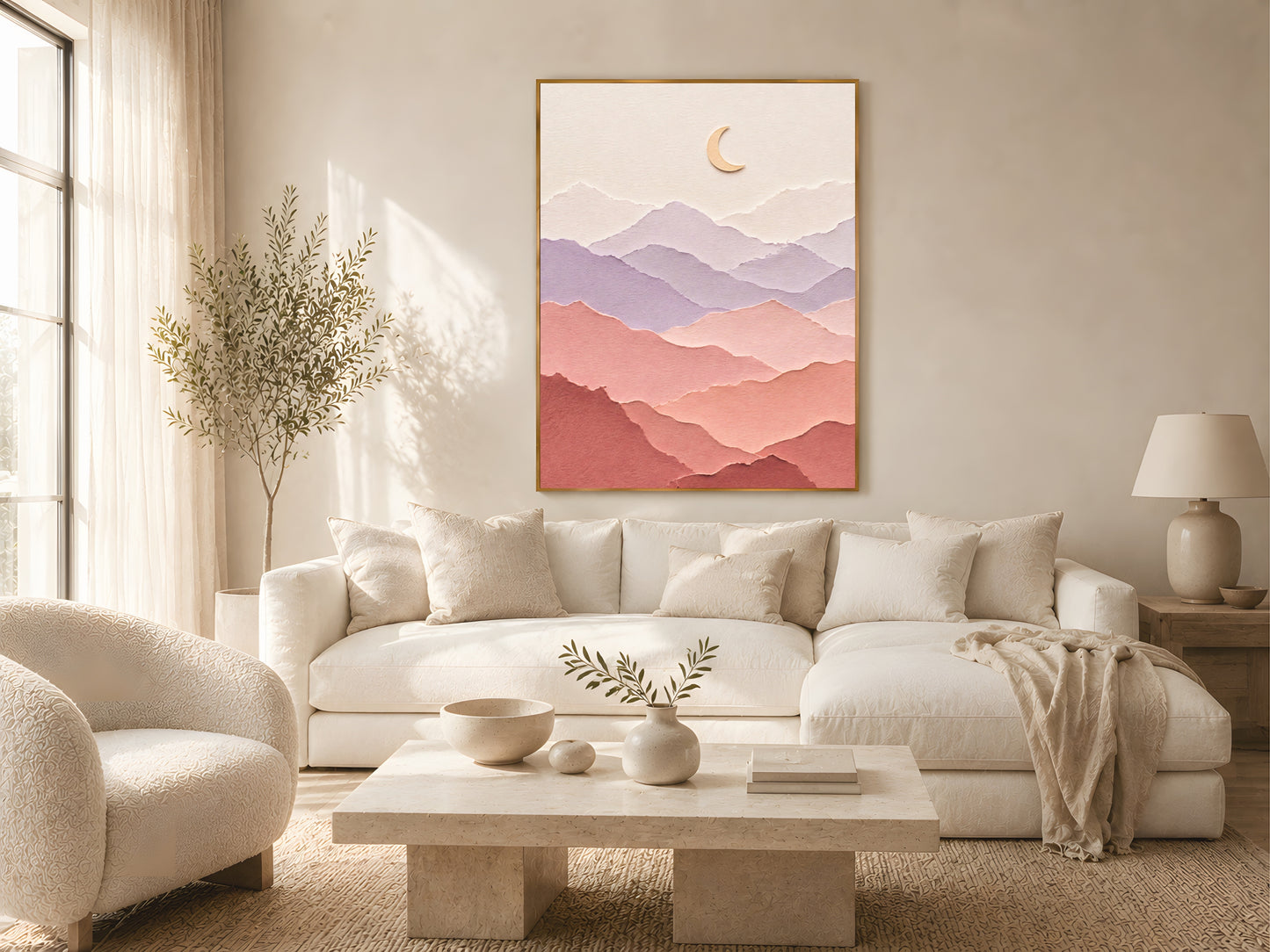 Pastel layered paper art mountain print in a gold frame above a cream linen sofa in a warm minimal Scandinavian living room with soft afternoon light
