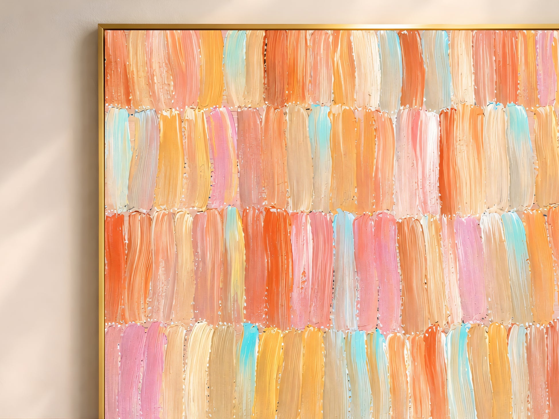 Close-up of colorful impasto brushstroke mosaic print in coral orange, peach, aqua teal, pink and butter yellow
