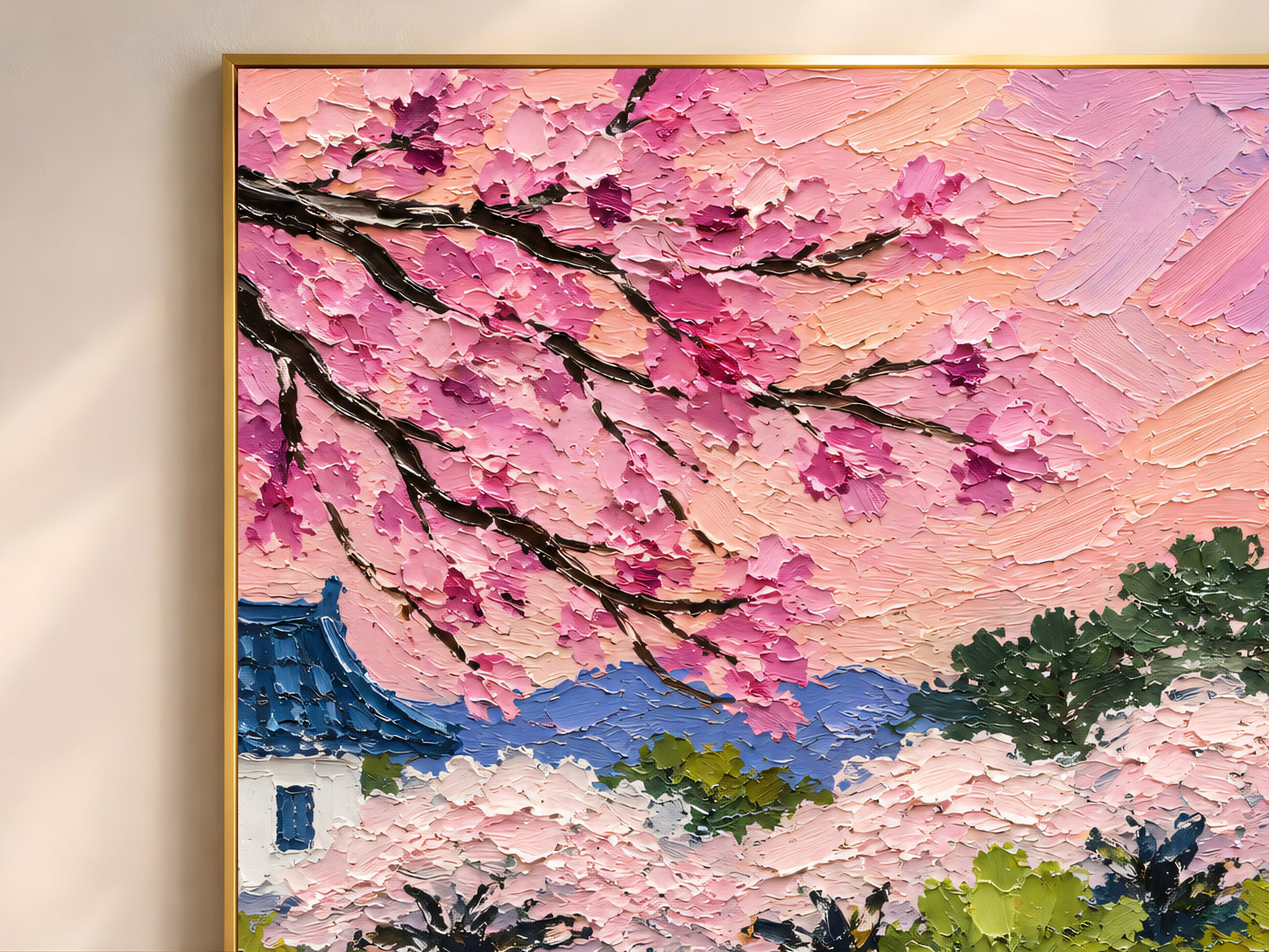 Close-up detail of impasto texture showing hot pink cherry blossom branches white bridge turquoise water and lavender sky
