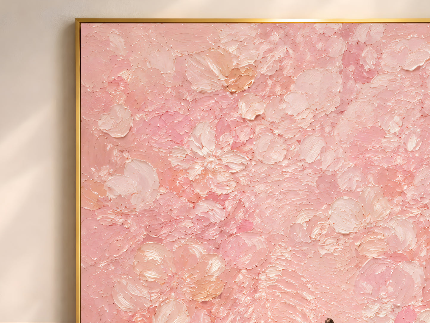 Close-up detail of pink impasto wall art showing layered blush, peach, cream, and white brushstroke floral clusters with two tiny figure details
