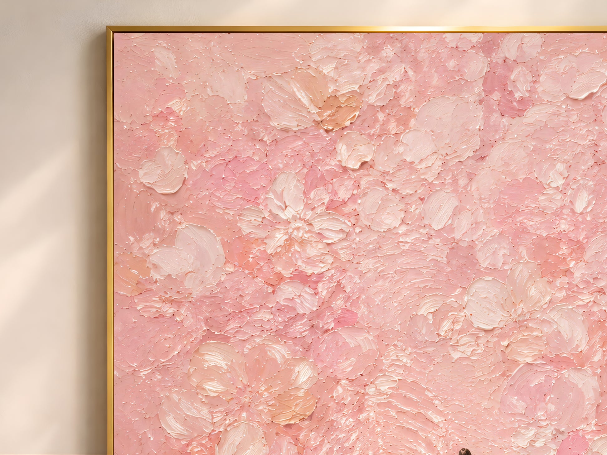 Close-up detail of pink impasto wall art showing layered blush, peach, cream, and white brushstroke floral clusters with two tiny figure details
