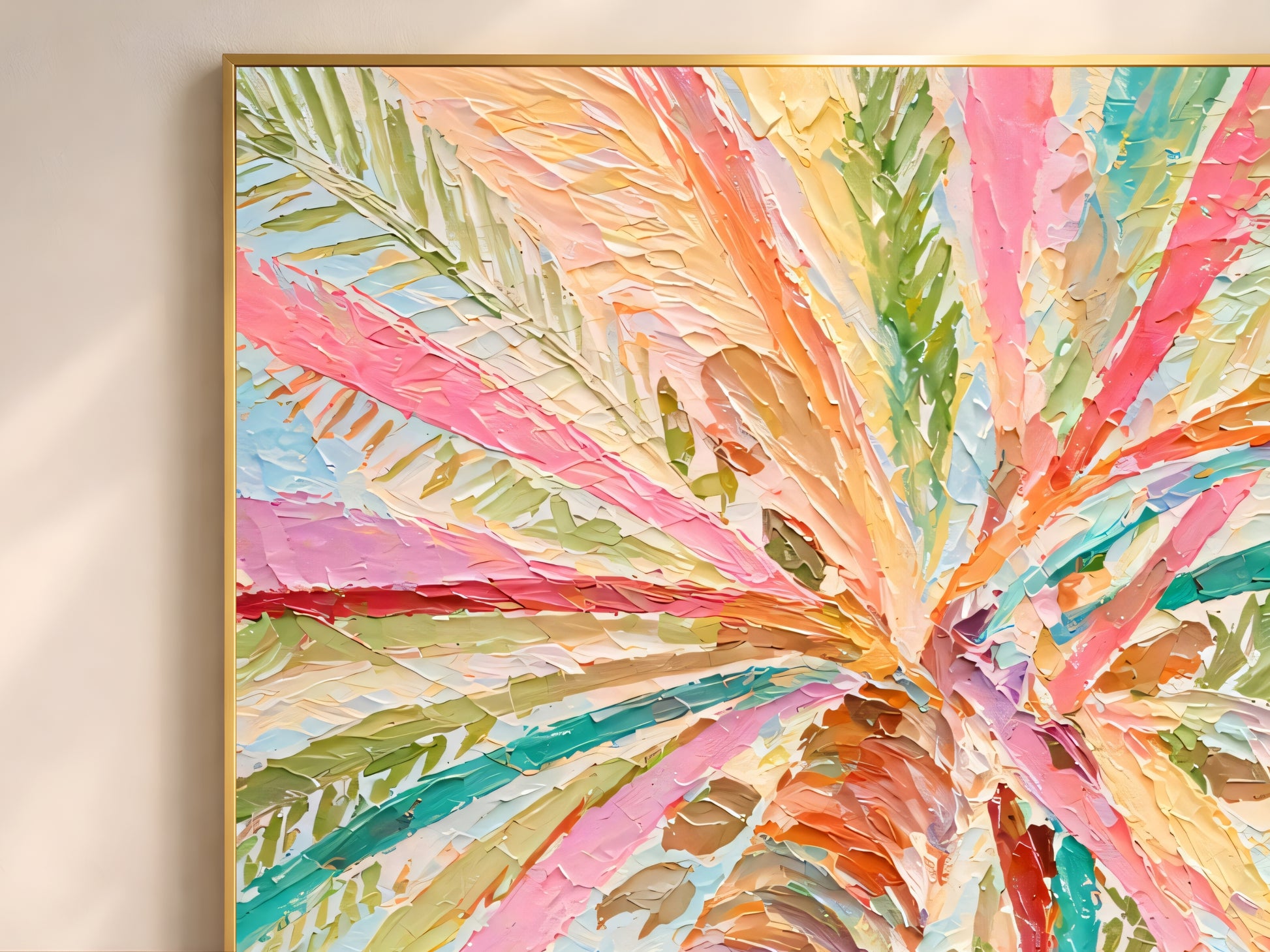 Close-up of pastel palm tree impasto oil painting texture showing thick palette knife fronds in blush pink coral orange teal and sage green with raised paint ridges
