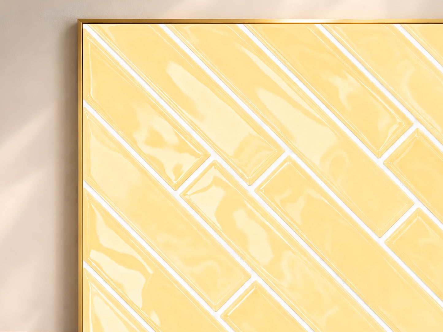 Close-up of the glossy butter yellow diagonal subway tile art print in a natural wood frame showing texture and white grout detail