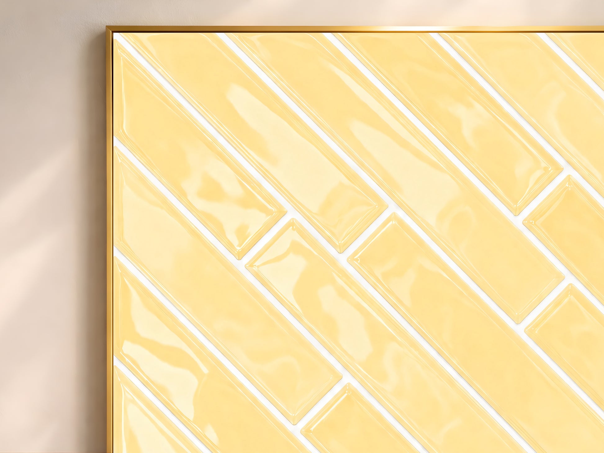 Close-up of the glossy butter yellow diagonal subway tile art print in a natural wood frame showing texture and white grout detail