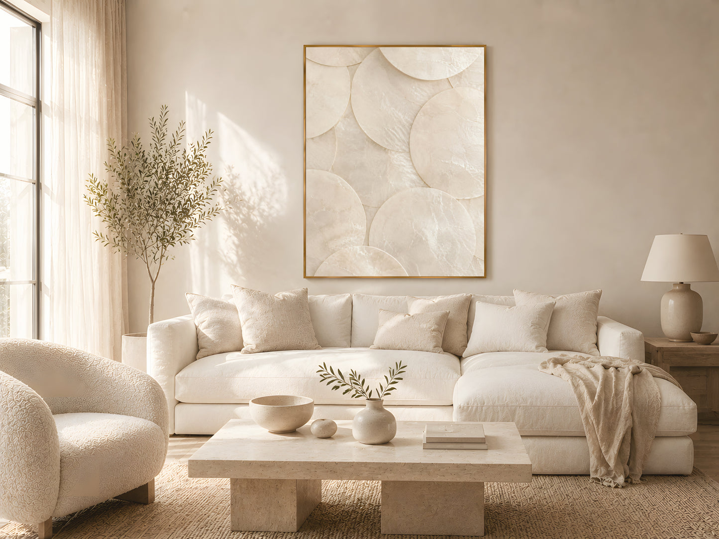 Minimalist capiz shell disc abstract print in gold frame above cream sofa in warm Japandi living room with natural wood coffee table and soft natural light
