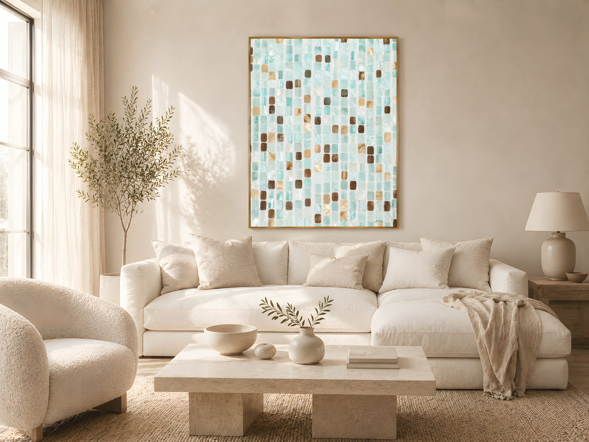 Teal mosaic tile abstract print in gold frame above cream sofa in warm Japandi living room with natural wood coffee table and soft natural light
