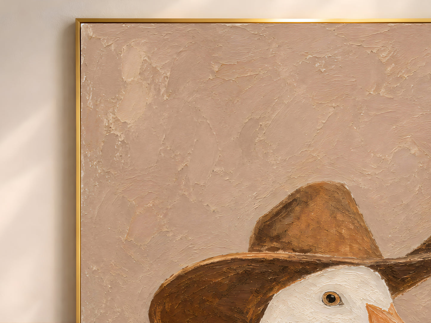 Close-up of the cowboy goose impasto art showing the worn brown hat and the goose's white neck and orange beak against the chalky beige textured background
