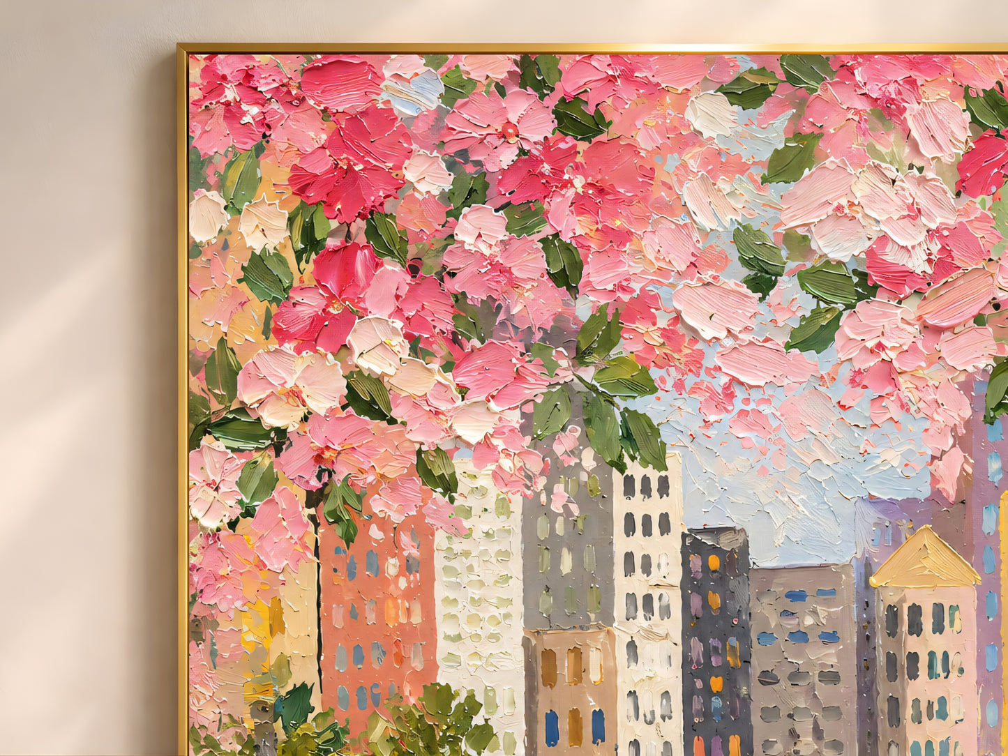 Close-up detail of impasto texture showing pink cherry blossoms yellow taxi Manhattan buildings and pink tulips
