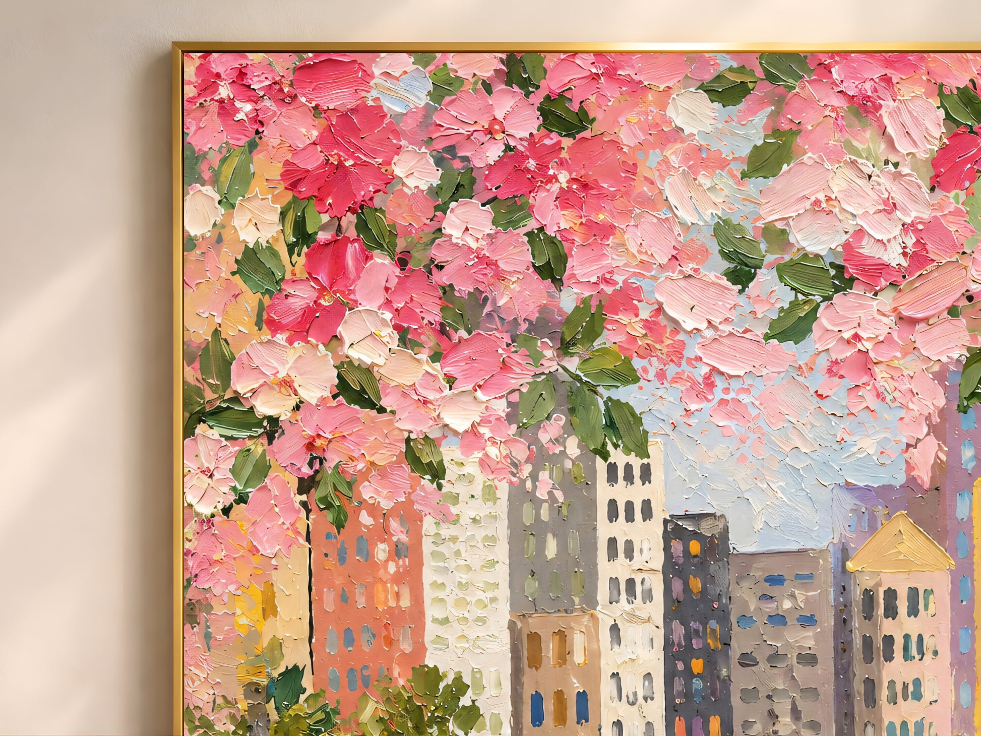 Close-up detail of impasto texture showing pink cherry blossoms yellow taxi Manhattan buildings and pink tulips
