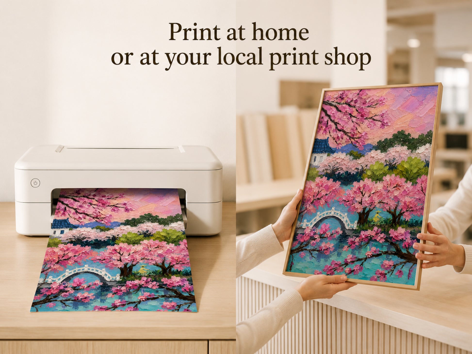 Hands holding printed cherry blossom sakura landscape art coming out of home printer with print at home text overlay
