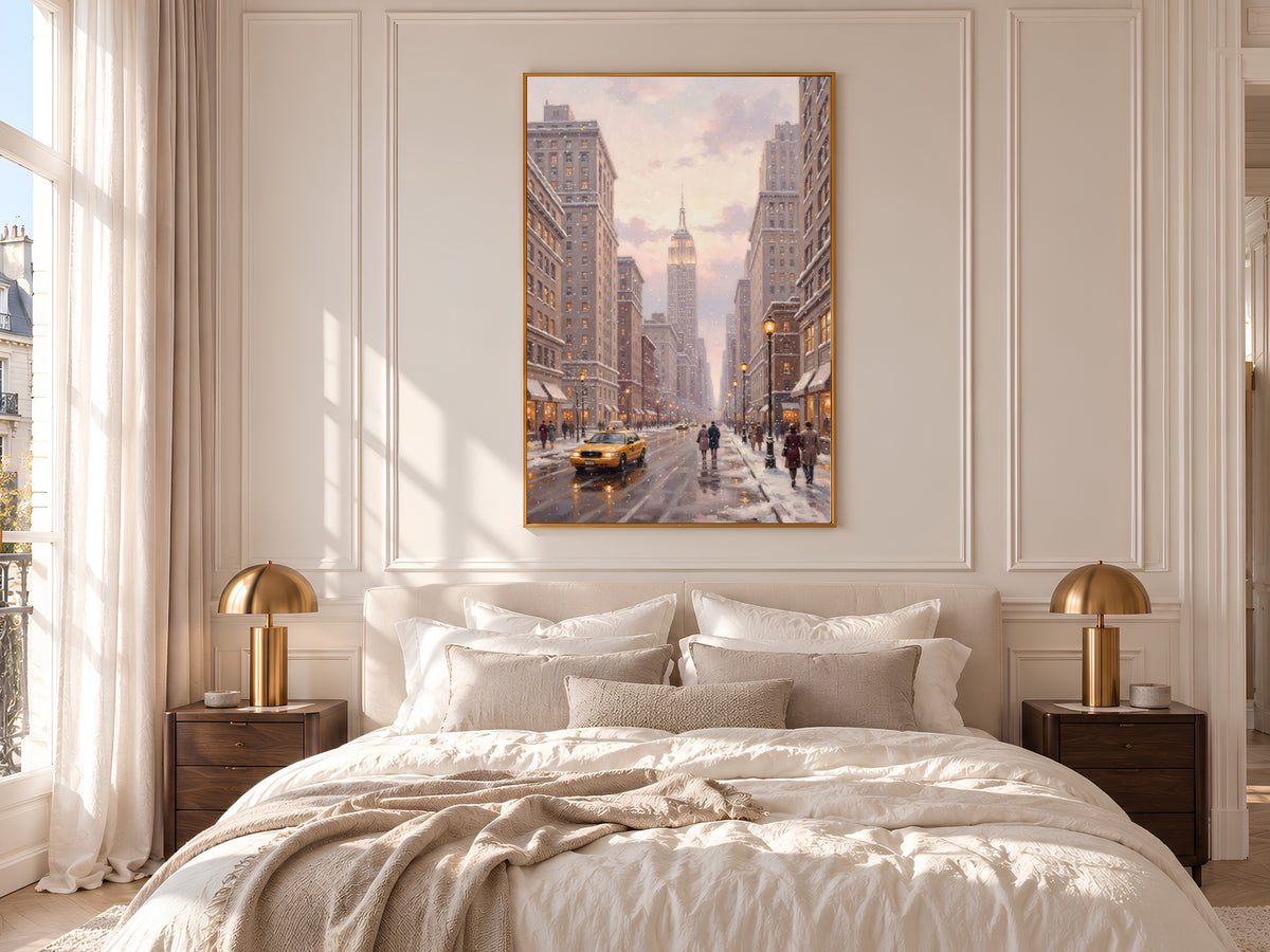 Snowy New York City Painting Print, NYC Winter Wall Art, Pastel Christmas City Art, Digital Download