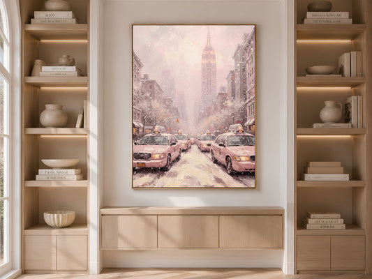 Pink Empire State Building Print, Monochrome NYC Taxi Wall Art - Digital Download