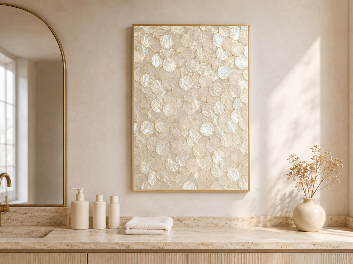 Capiz shell wall art print above a bathroom vanity