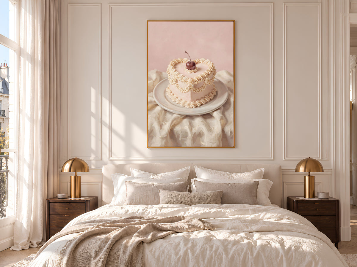 Vintage Heart Cake Painting Print, Pink Cherry Cake Still Life, Coquette Kitchen Art, Digital Download
