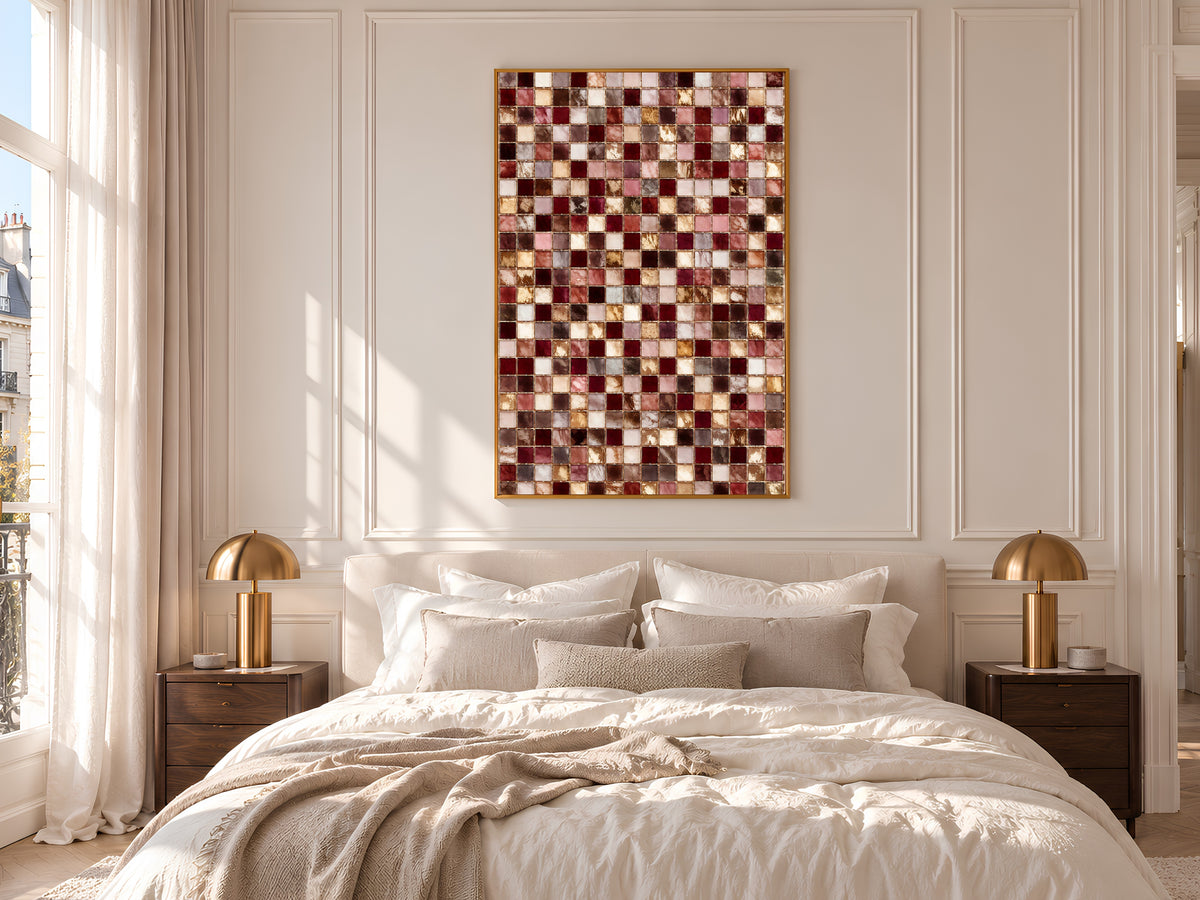 Pink and Burgundy Mosaic Tile Wall Art Print, Dusty Rose, Mauve and Gold Tile Grid Painting, Printable Romantic Decor, Digital Download