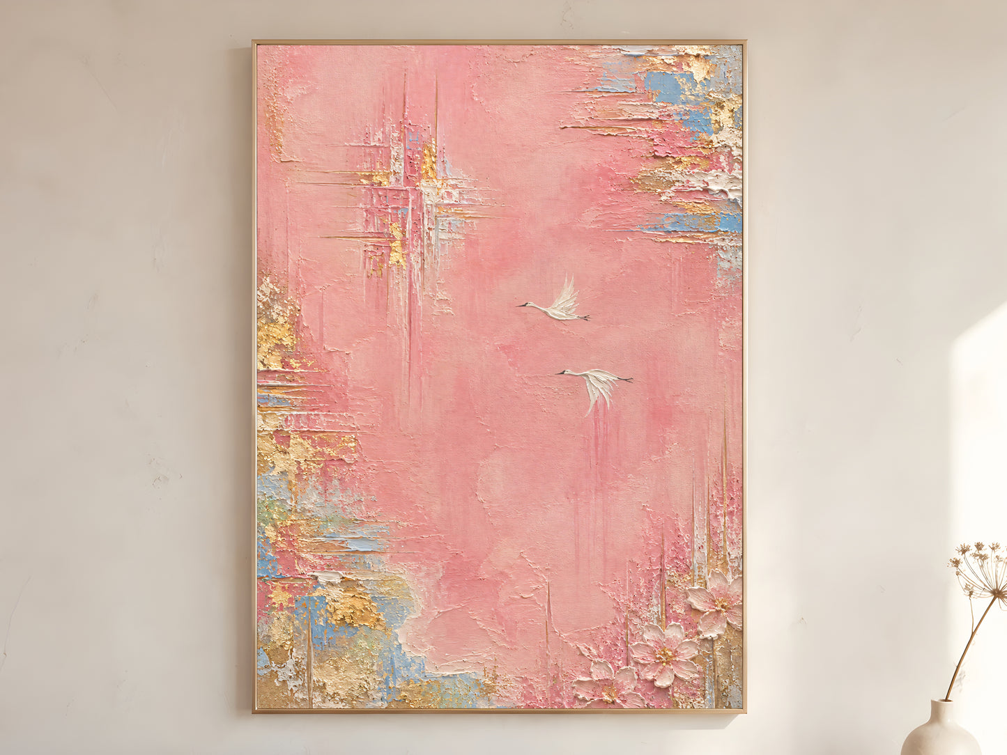 Pink and gold abstract wall art print in gold frame, textured crane bird painting digital download
