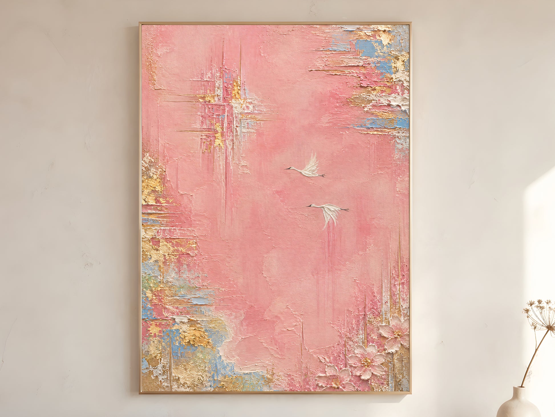 Pink and gold abstract wall art print in gold frame, textured crane bird painting digital download
