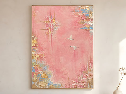 Pink and gold abstract wall art print in gold frame, textured crane bird painting digital download
