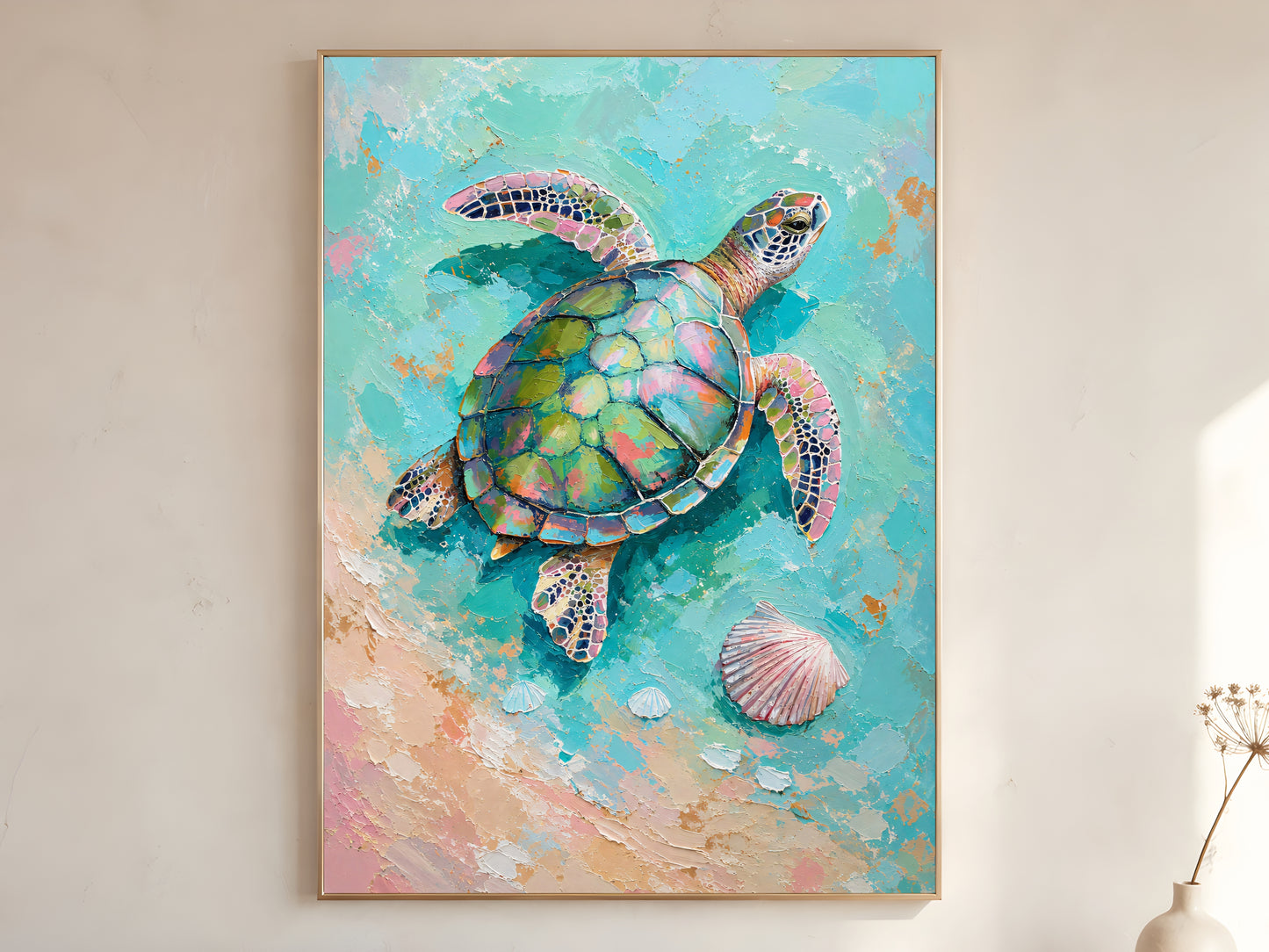 Large framed impasto sea turtle painting in gold frame on warm white wall with dried botanicals in bright minimal room
